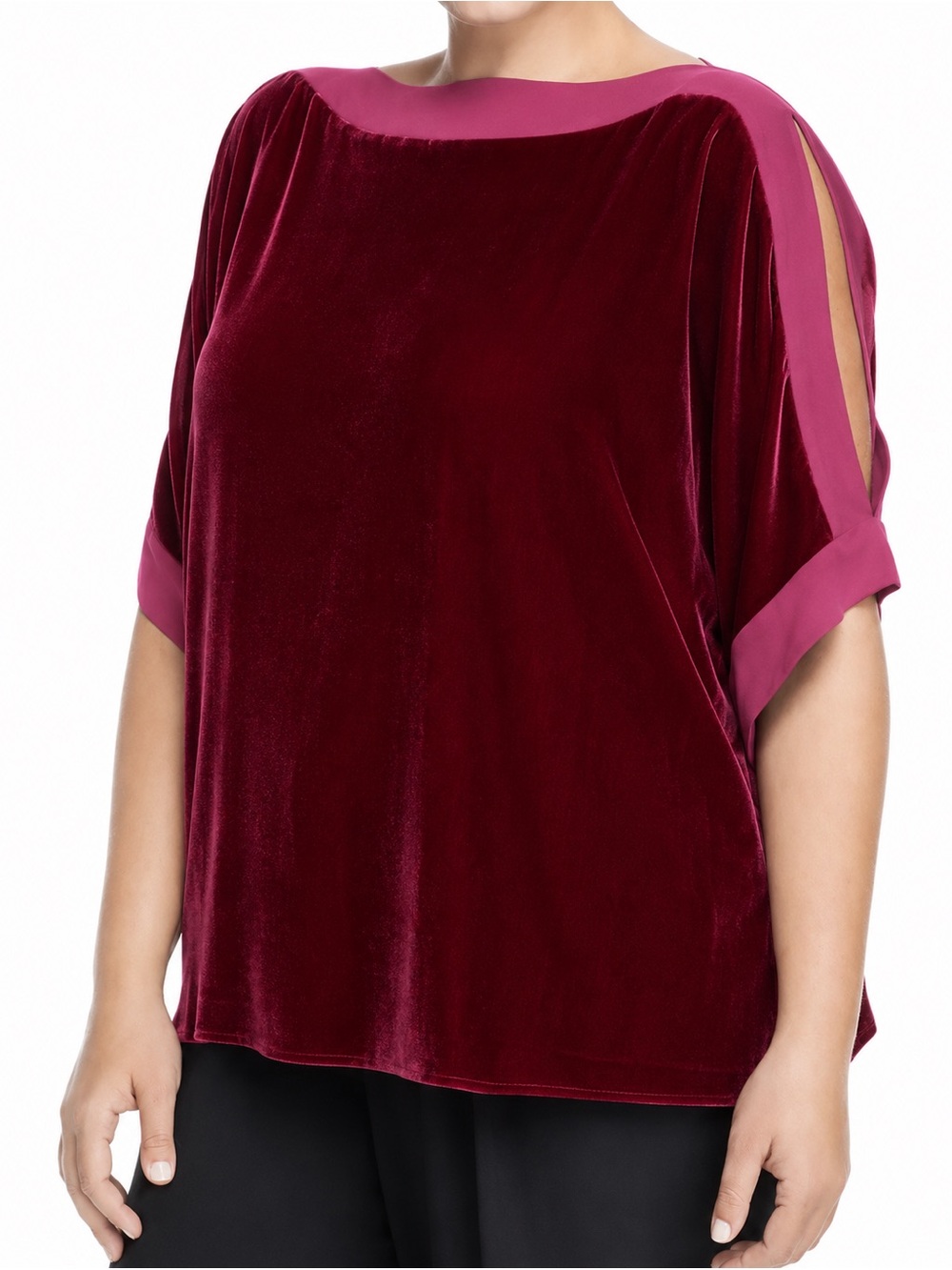 Eileen Fisher Hibiscus Red Velvet Split-Sleeve Top - Picture 2 of 3